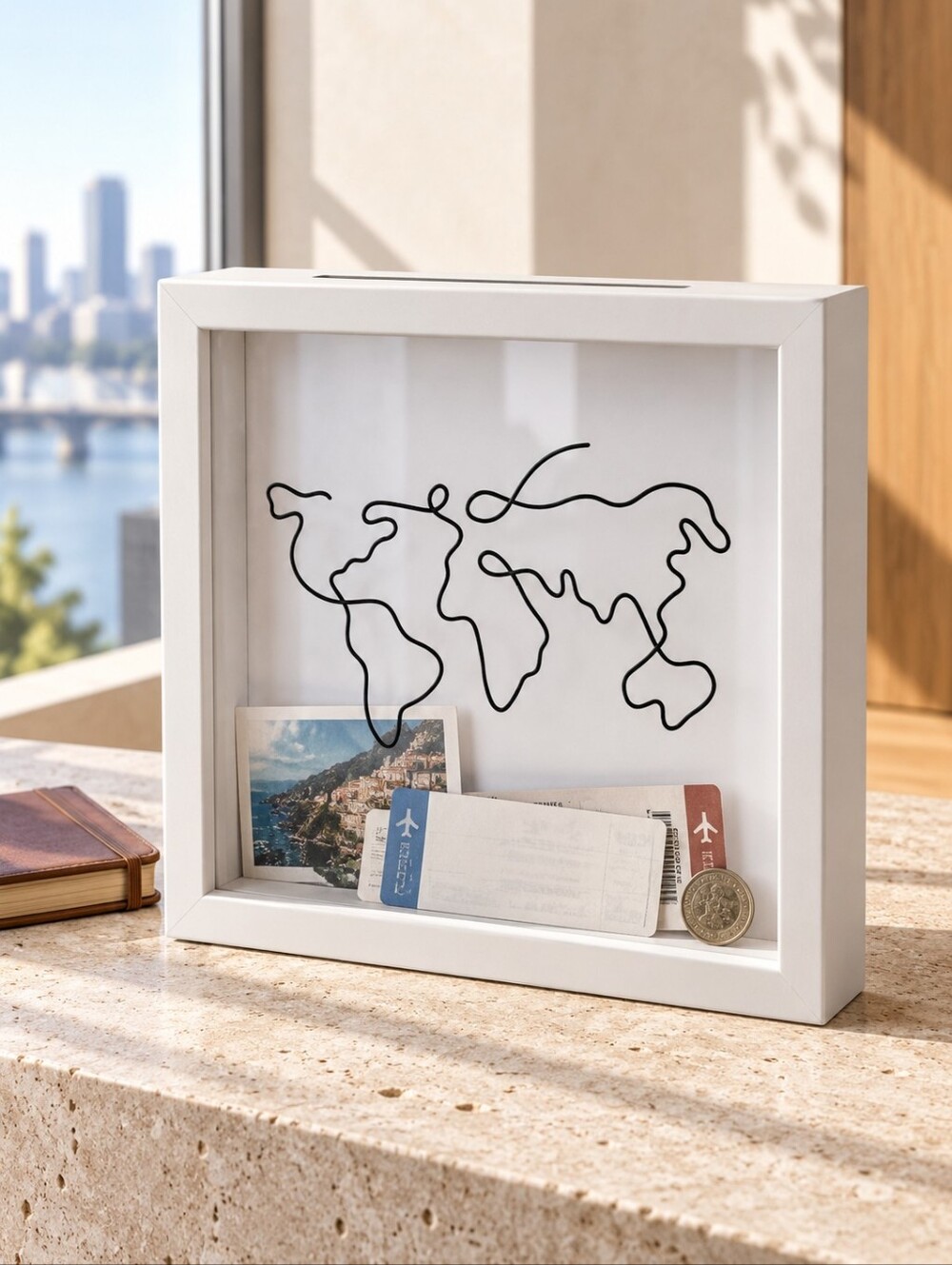 Travel Memory Shadow Box Ticket Stub Holder World Map White 11.5" New